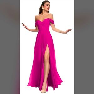 Off Shoulder Bridesmaid Dress Simple A-Line Formal with Slit for Party, Fuschia